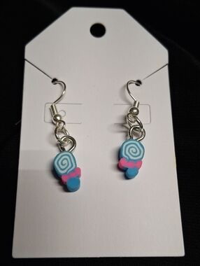 Blue Swirl Candy Drop Earrings with Pink Bows
